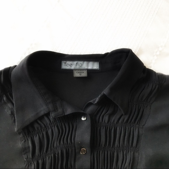 TEENFLO MAURICE TARICA 100% SILK BLACK RUFFLE LONG SLEEVE BUTTON UP BLOUSE - M - Picture 3 of 9